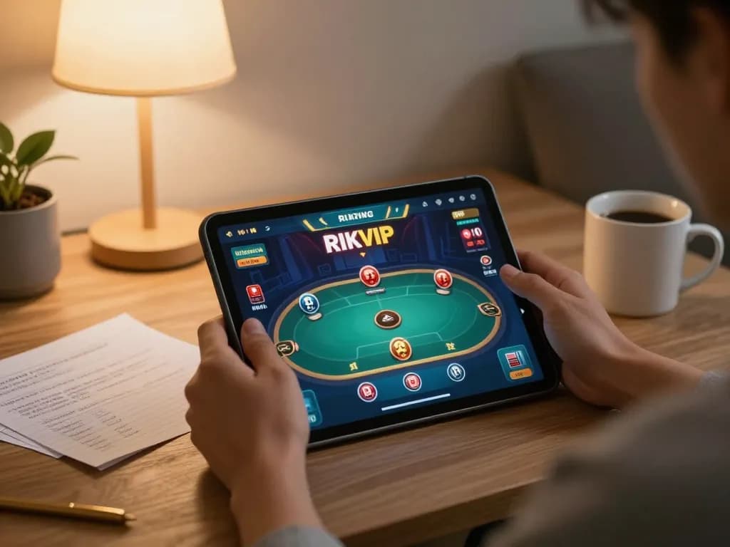 Engaging in online gambling at RIKVIP on a tablet, with strategy notes and cozy home surroundings.