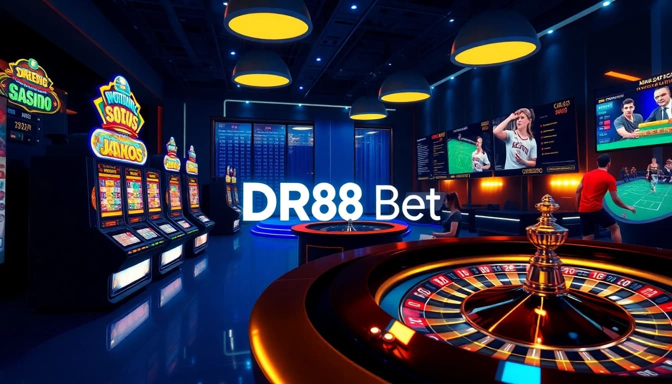 Engaging DR88 Bet live dealer casino with colorful chips and dynamic slot reels in action