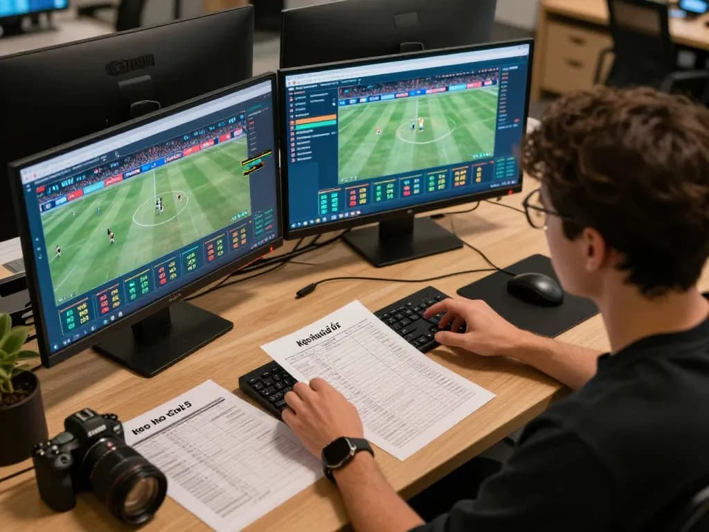 Person engaged in kèo nhà cái 5 online sports betting at home with multiple screens showing live odds.