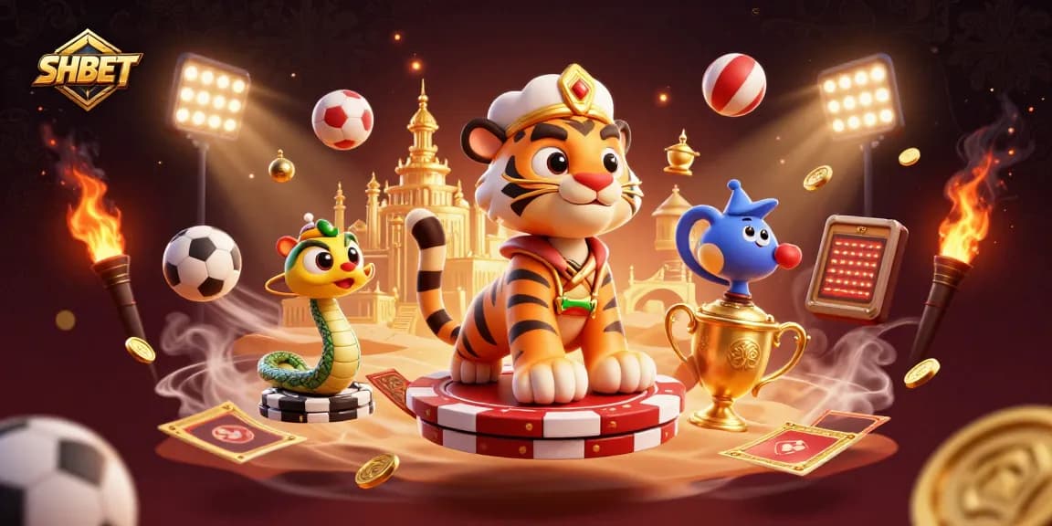 Experience the magic of SHBET with a vibrant 3D illustration featuring a tiger sultan and dynamic sports elements.