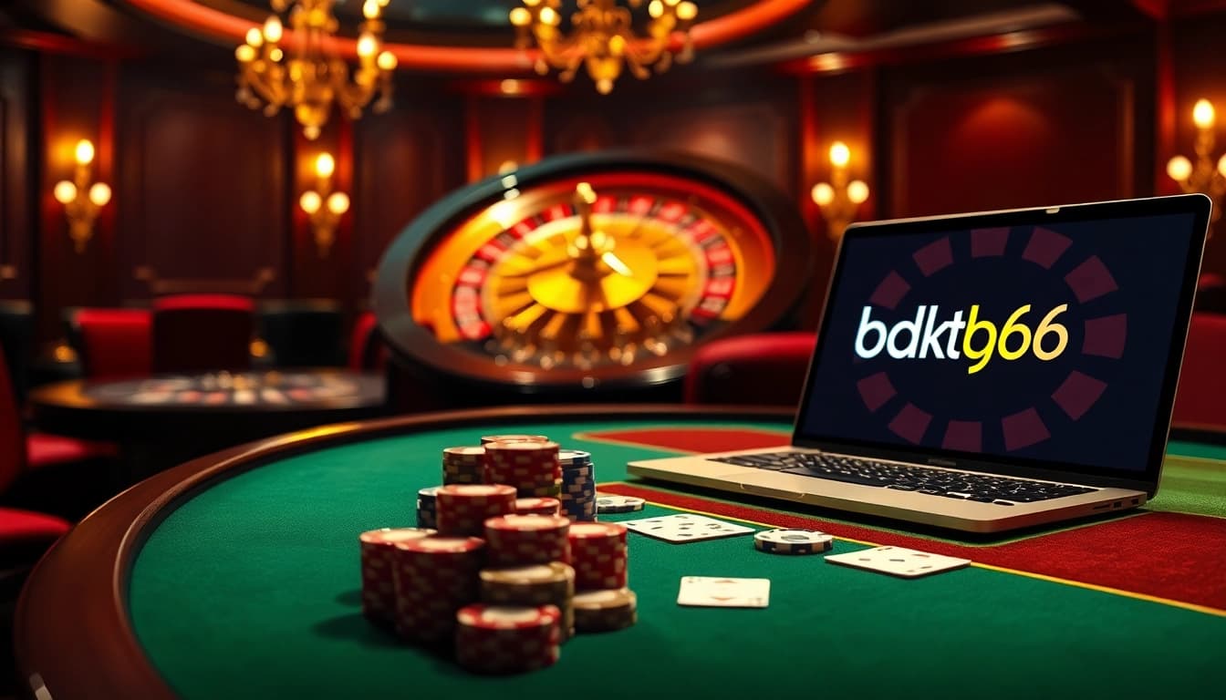 Experience the thrill of bdtk66 my with a captivating online casino ambiance featuring poker chips and a roulette wheel.