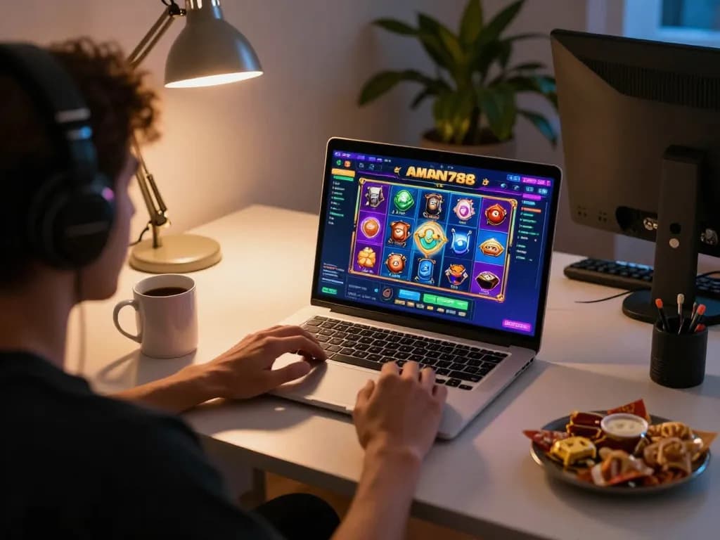 A player engaging with the AMAN788 online slot game on a laptop in a cozy home setting