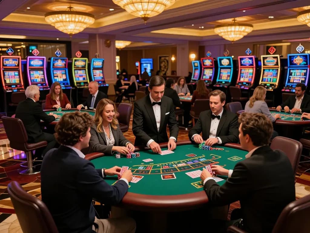 Players engaged in kèo nhà cái at blackjack tables in an upscale casino with vibrant atmosphere