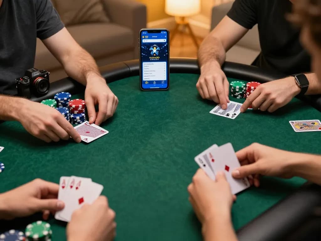 Players engage in a strategic online poker game using the nohu90 app on their smartphone in a cozy home setting.