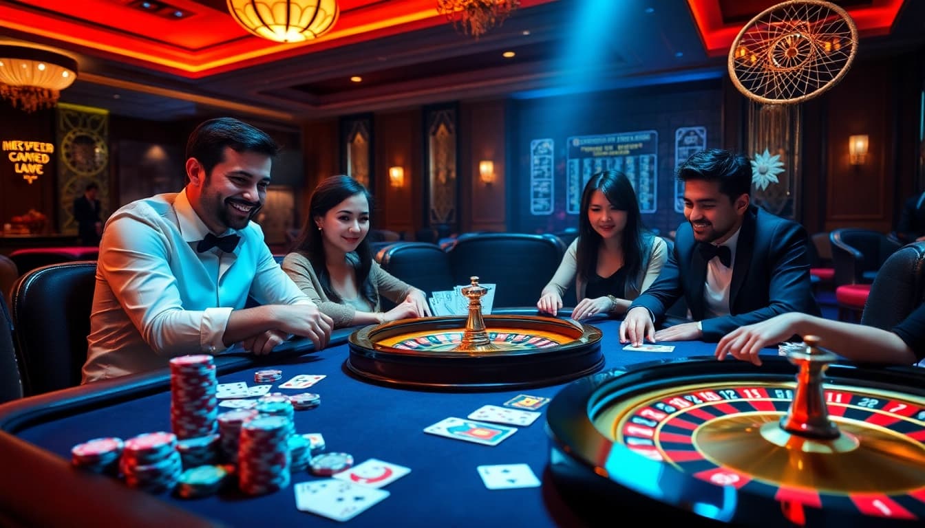 Engaging casino scene representing Giải mã giấc mơ with poker chips and roulette wheel.