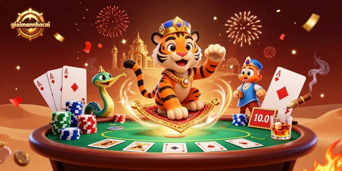 Engage with giaimanhacai's vibrant 3D casino scene featuring a magical sultan and thrilling poker elements.