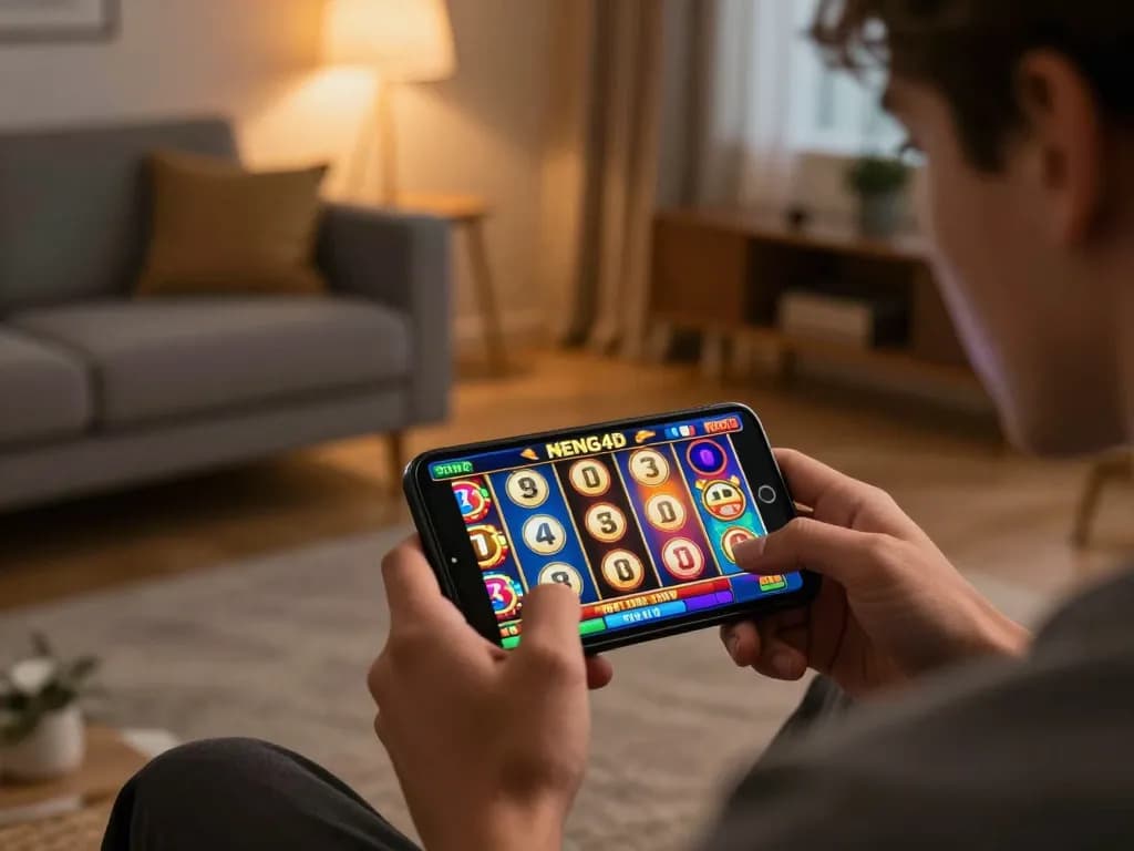 Engage in the NENG4D slot game on a smartphone in a vibrant online gambling setup.