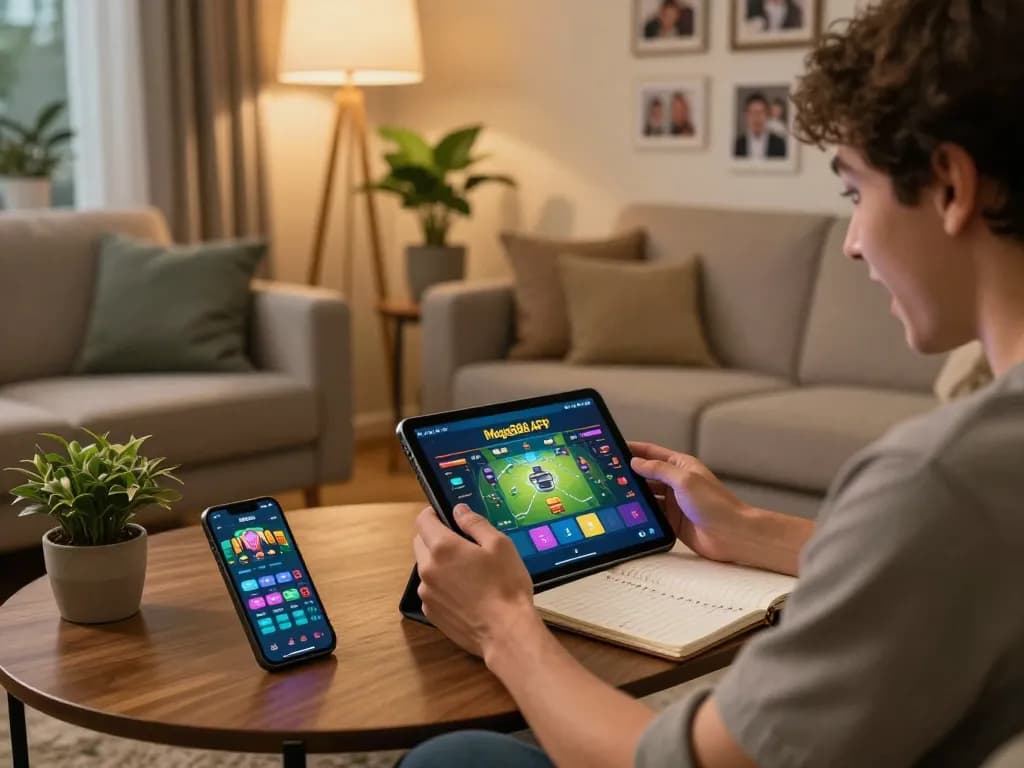 Engaging with the Mega888 APK on a tablet in a cozy home setting, showcasing modern gaming.
