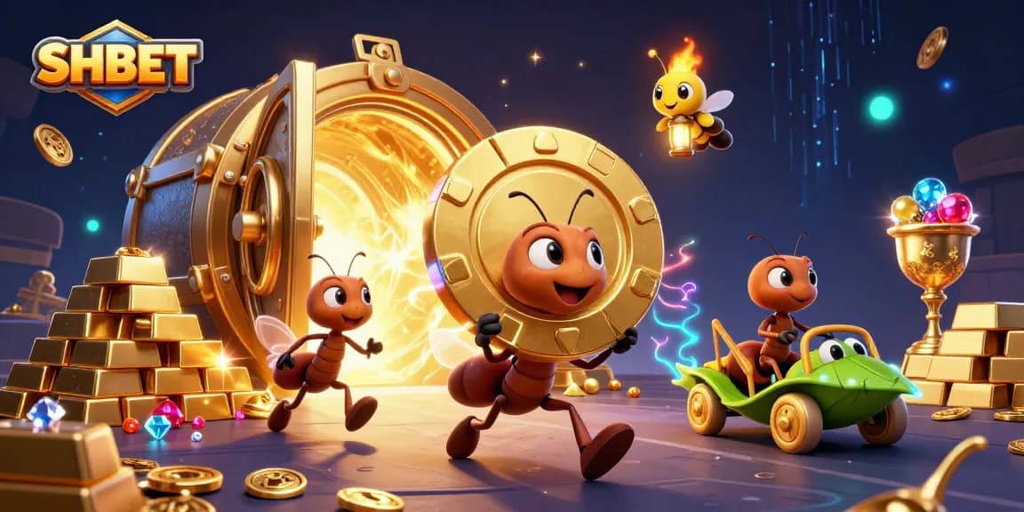 SHBET ants in a heist with a golden poker chip, showcasing a thrilling casino adventure
