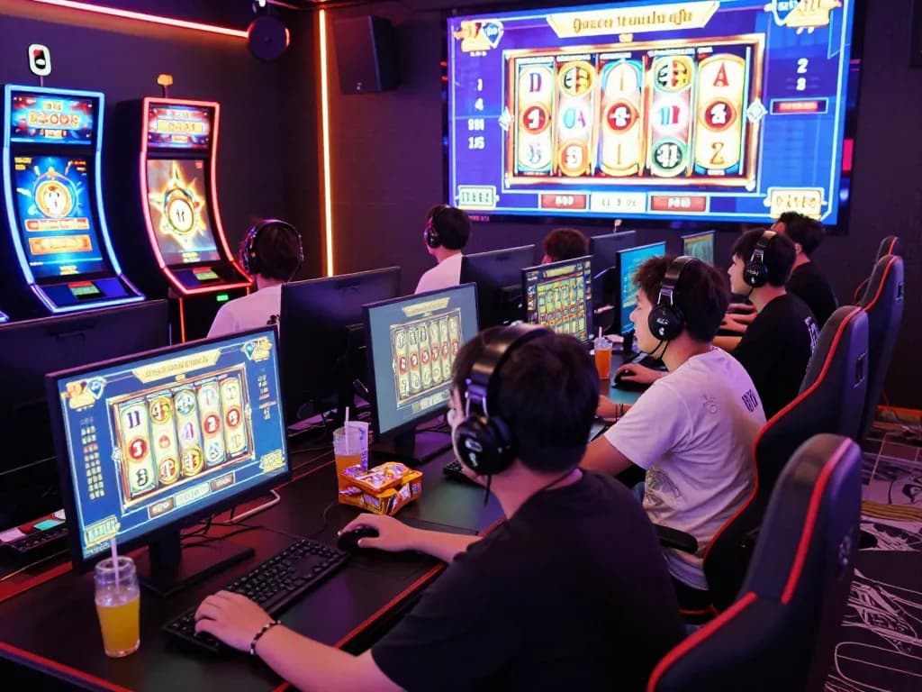 Pemain online bersaing secara intens dalam turnamen slot gacor dengan layar yang cerah dan suasana yang energik.