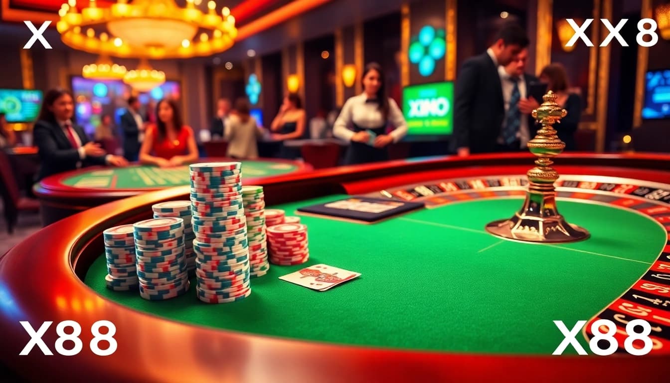 Exciting gaming action at X88 casino with vibrant poker chips and roulette wheel.