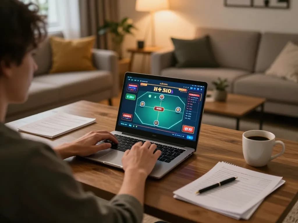 Engaged user experiencing win678 com online poker game in cozy home setting.