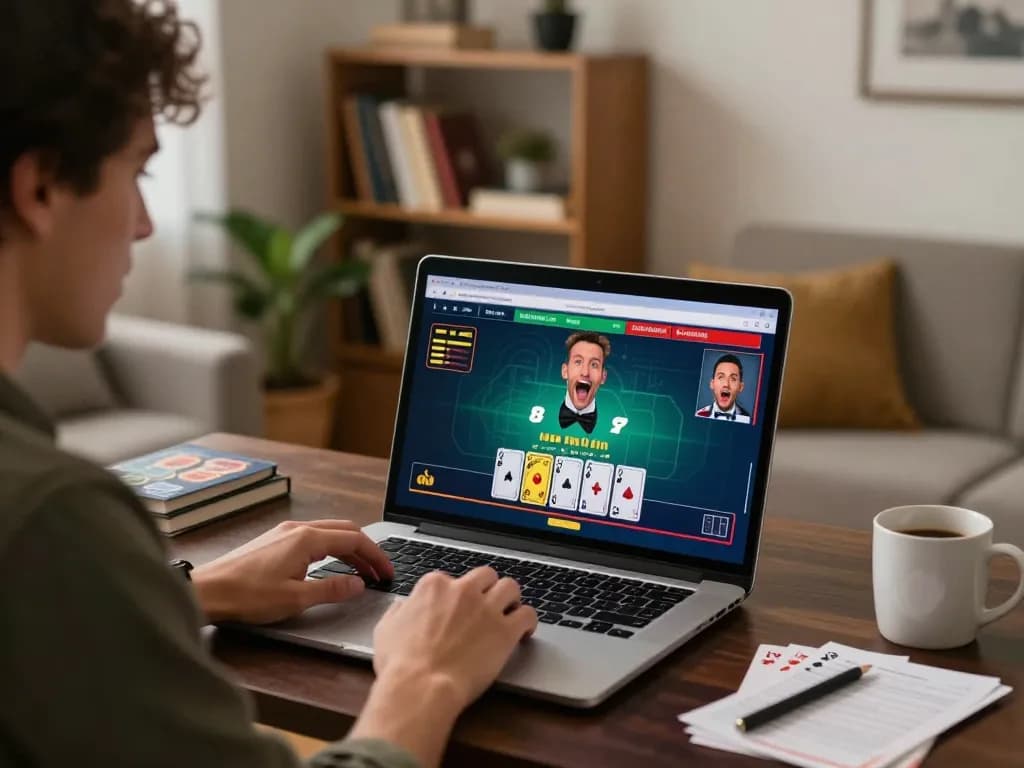 Canada online casinos gaming excitement as player engages with blackjack on laptop in cozy home.