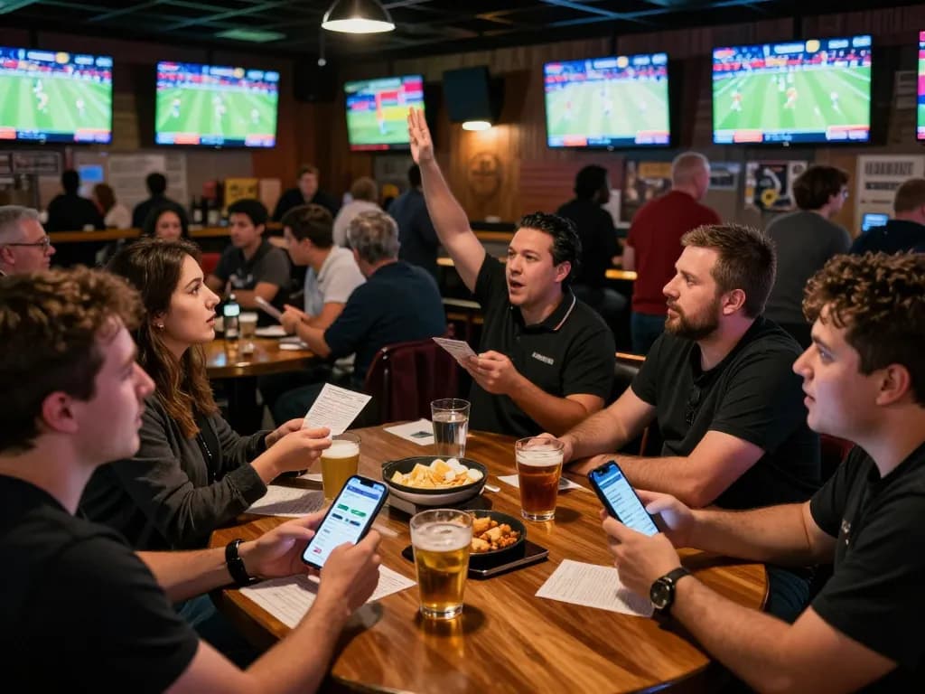 Sports enthusiasts engaging with tylekeo betting app at a lively sports bar during game day.