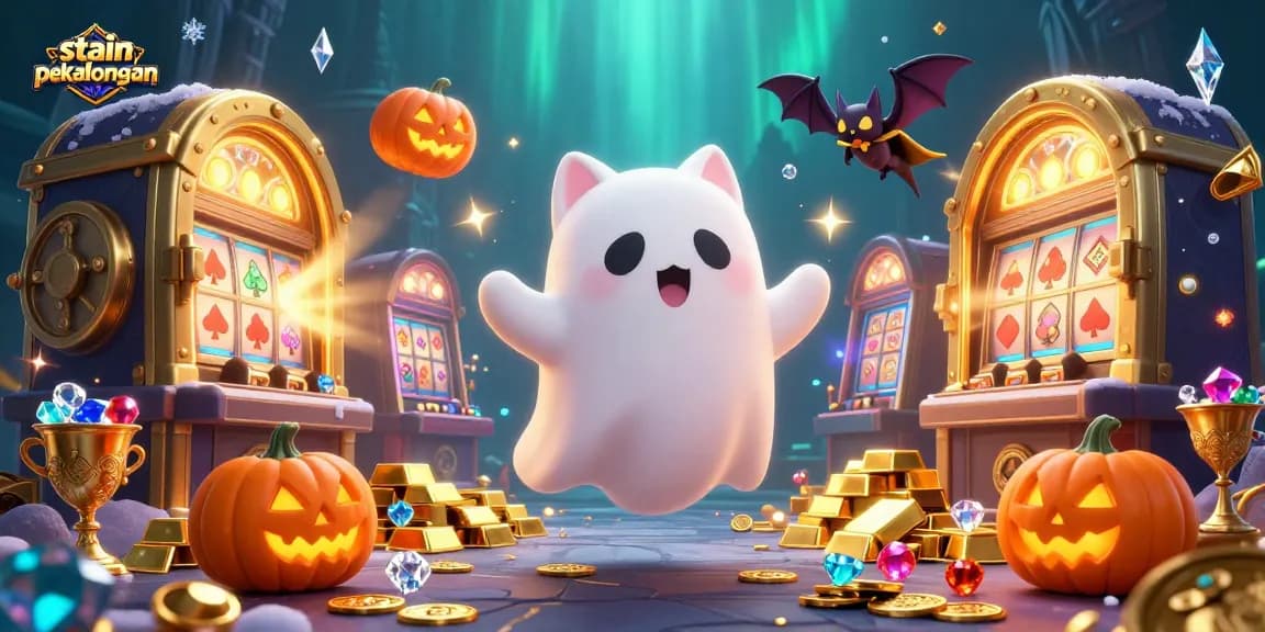 Engage with the vibrant ghost cat and vampire bat in a magical casino scene featuring slot machines and shimmering treasures at stain pekalongan.