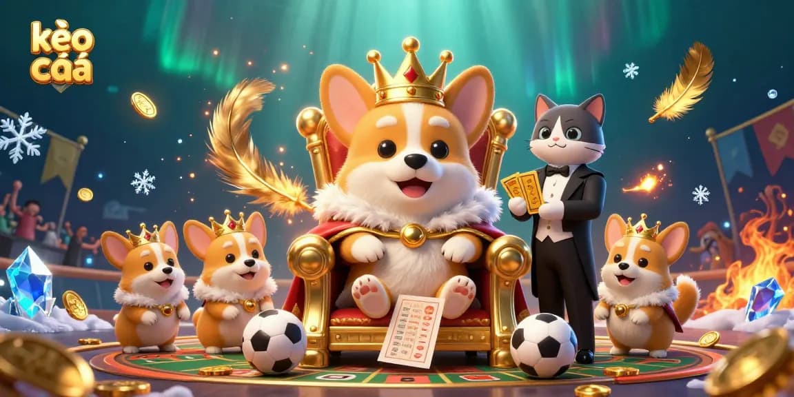Engage with kèo nhà cái in a vibrant betting scene featuring a crowned corgi and sports elements.