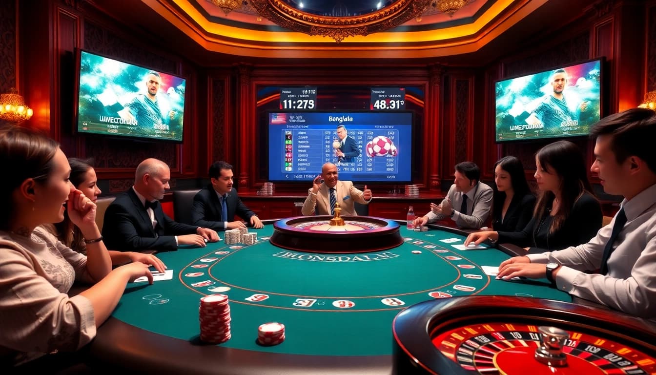 Bongdalu betting enthusiasts experience excitement at a luxurious casino poker table.