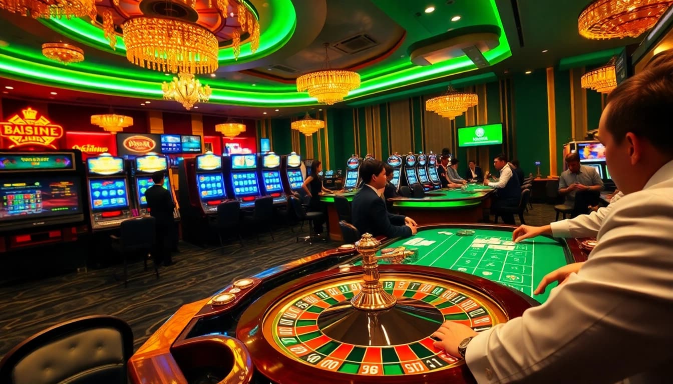 Nc88 gamblers engaging at a lively casino table with cards and chips.