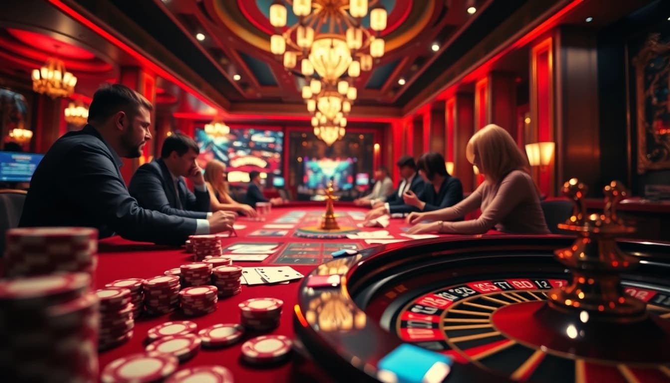 Players enjoying thrilling games at Rik vip casino, with vibrant poker chips and engaging online gameplay.