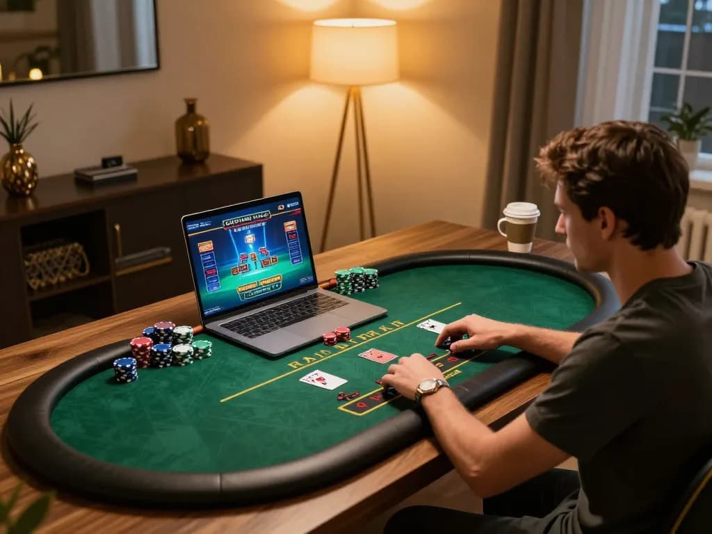 Player enjoying 99Win live dealer game on a sleek laptop in a cozy gaming setup