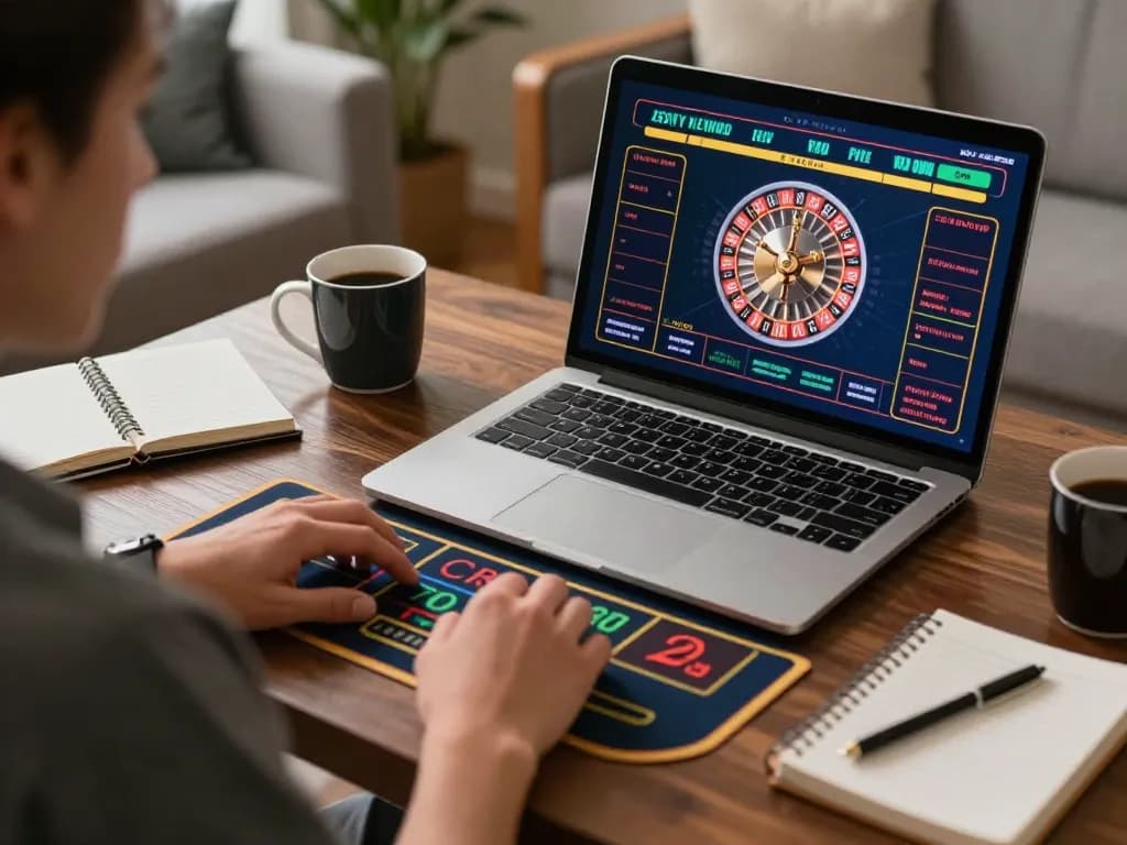 Engaged player focusing on FC88 live roulette game from home, embodying strategic online gambling.
