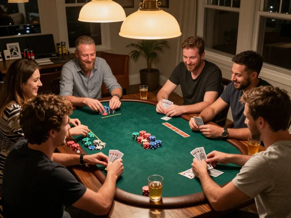 Players strategizing and placing bets during a casual home poker night at say88, showcasing vibrant poker chips.