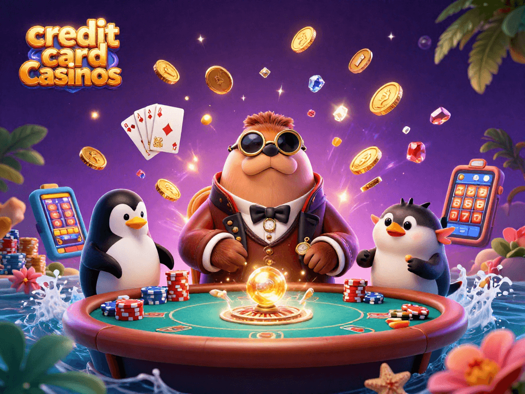 Experience fun at credit card casinos with a walrus, penguin dealer, and bluffing pufferfish in a vibrant underwater poker scene.