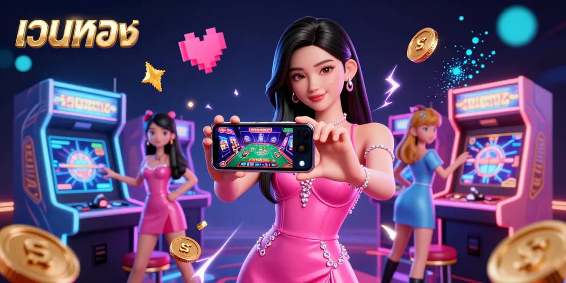 Experience เว็บตรง gaming with a confident woman playing a live dealer casino game, surrounded by dynamic arcade elements.