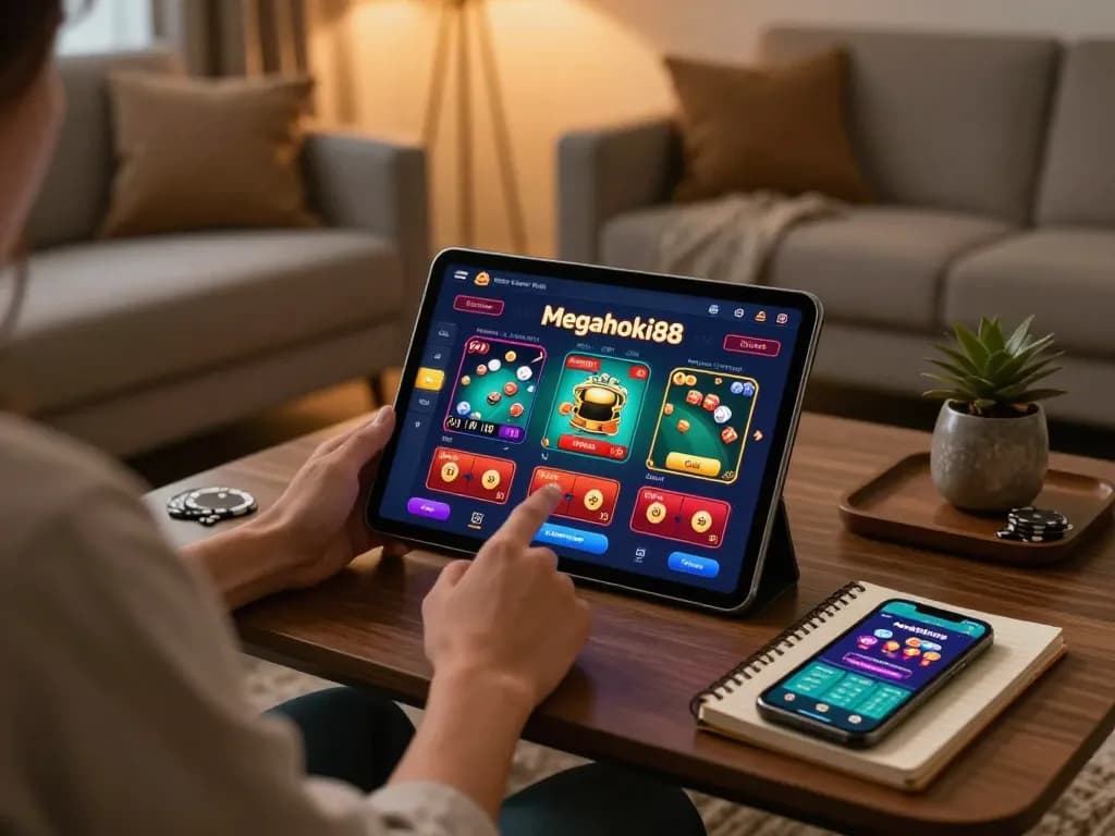 Engaging player enjoying megahoki88 poker on tablet in a warm home environment.