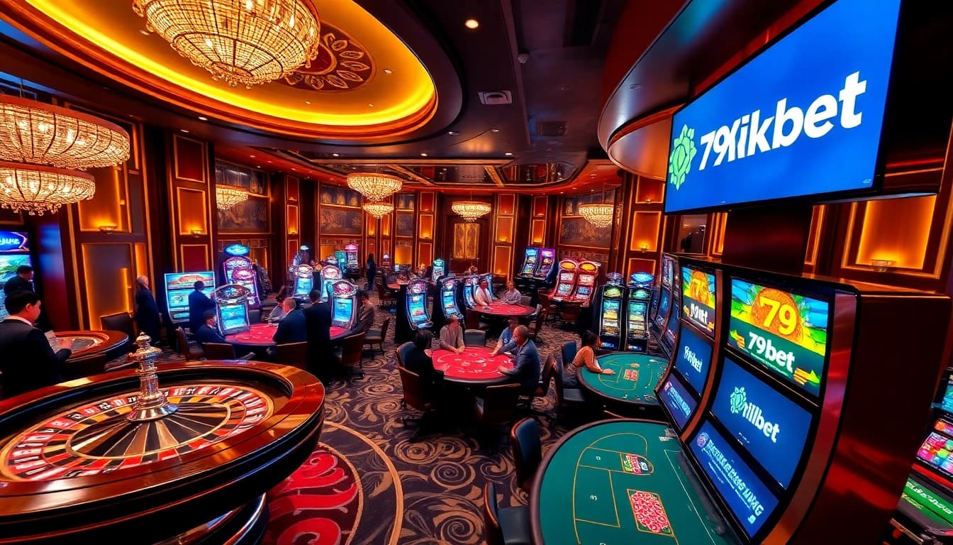 Engaged players at a luxurious casino experiencing 79king bet excitement with roulette and poker games.