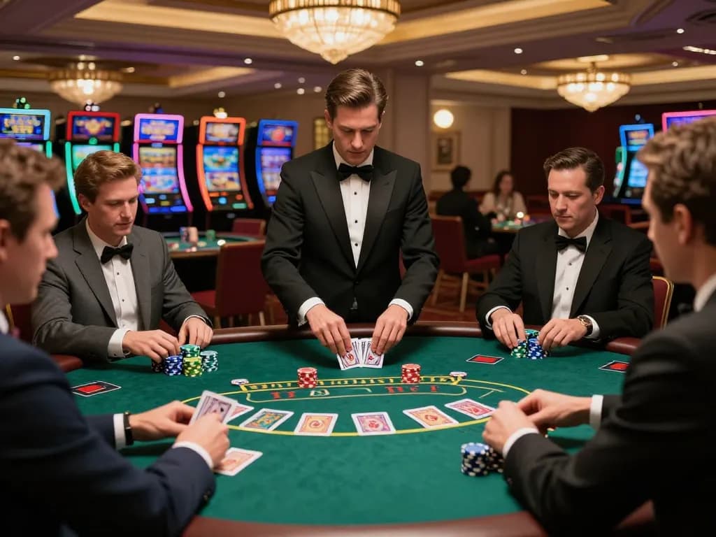 Players engaged in blackjack gameplay at online usa casinos, vibrant colors and warm lighting enhance the casino atmosphere.