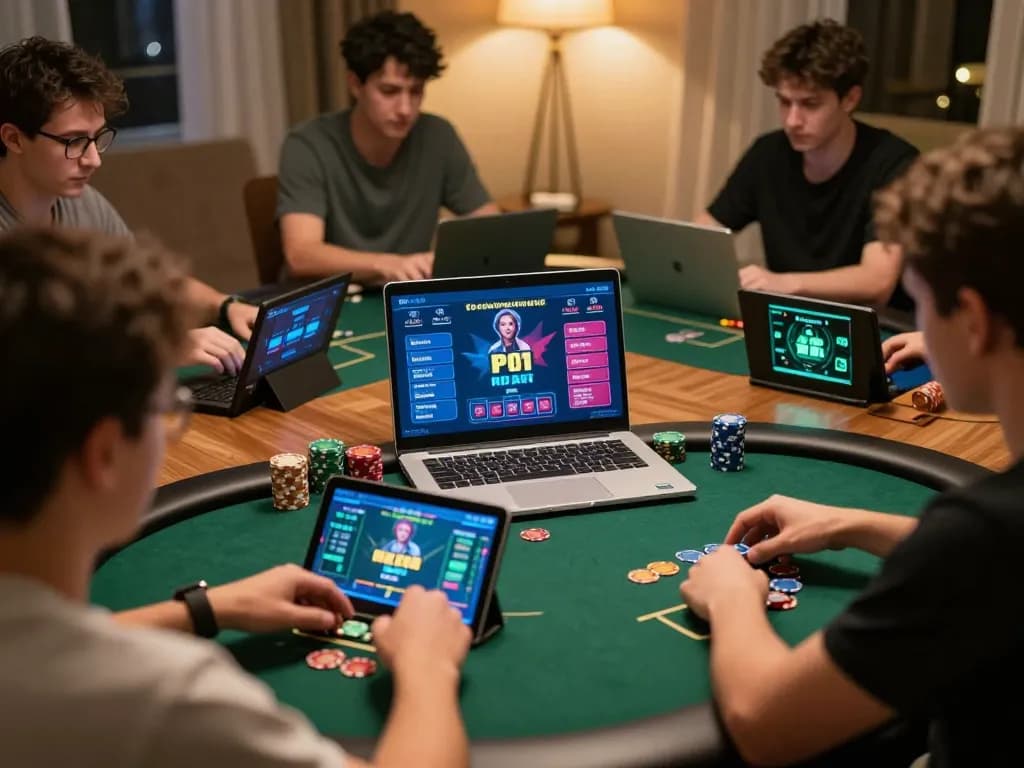 Players participating in an mm88 online poker game, showcasing strategy-focused gameplay in a cozy setting.
