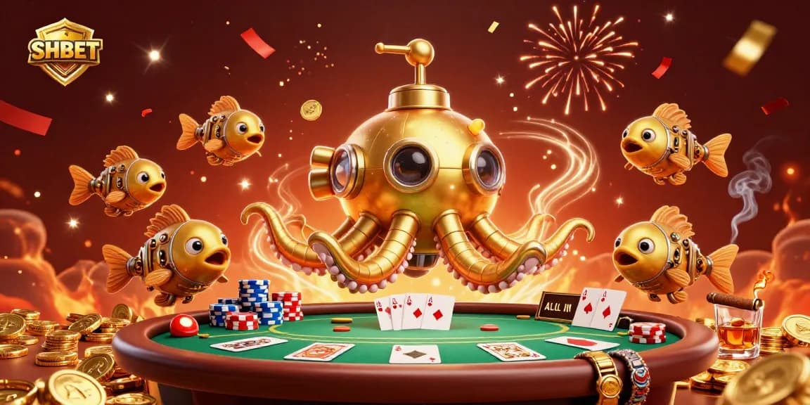 Engage with SHBET's lively casino atmosphere featuring a golden kraken submarine surrounded by poker elements.