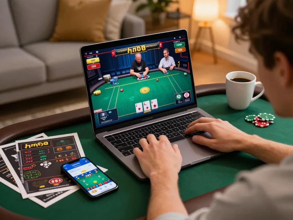 Engaged player using the hm88 app during an online poker session at home, with strategic guides