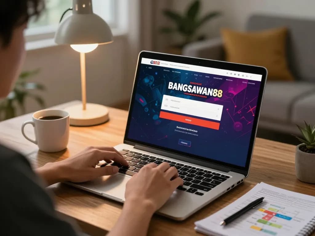 Engaging player utilizing bangsawan88 login interface on laptop for online gaming.