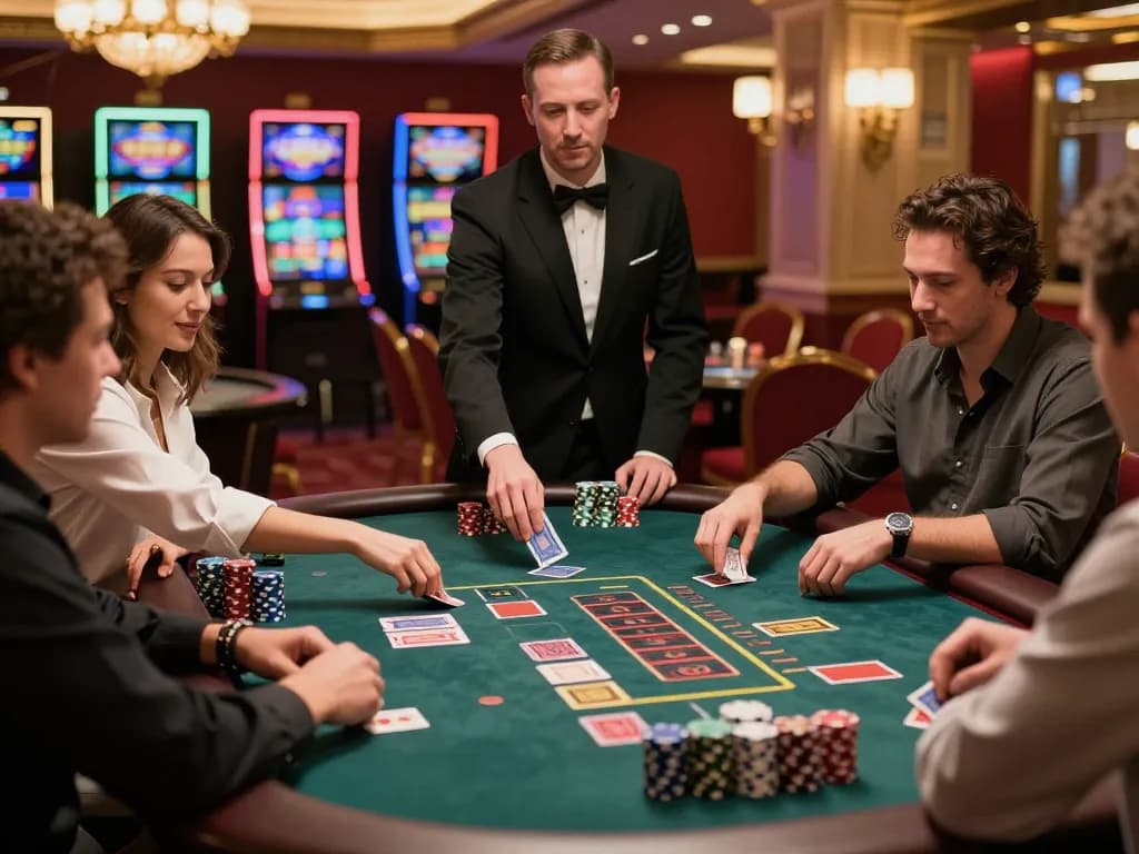 Link vào the blackjack table as players focus on their cards and strategy amidst rich casino atmosphere