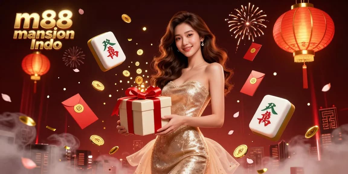 Pemandangan yang cerah menampilkan m88 Mansion Indo dengan seorang wanita Asia cantik merayakan Tahun Baru Imlek dalam suasana kasino.