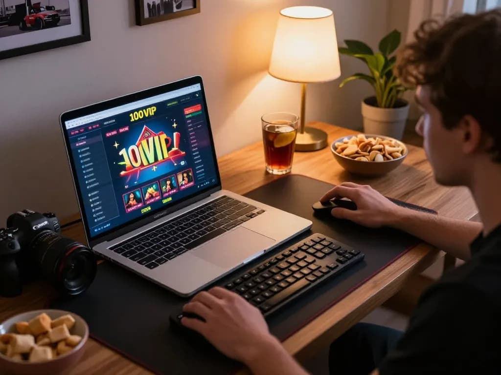 Player engaged in 100VIP online casino gaming with cozy home surroundings and strategic elements.