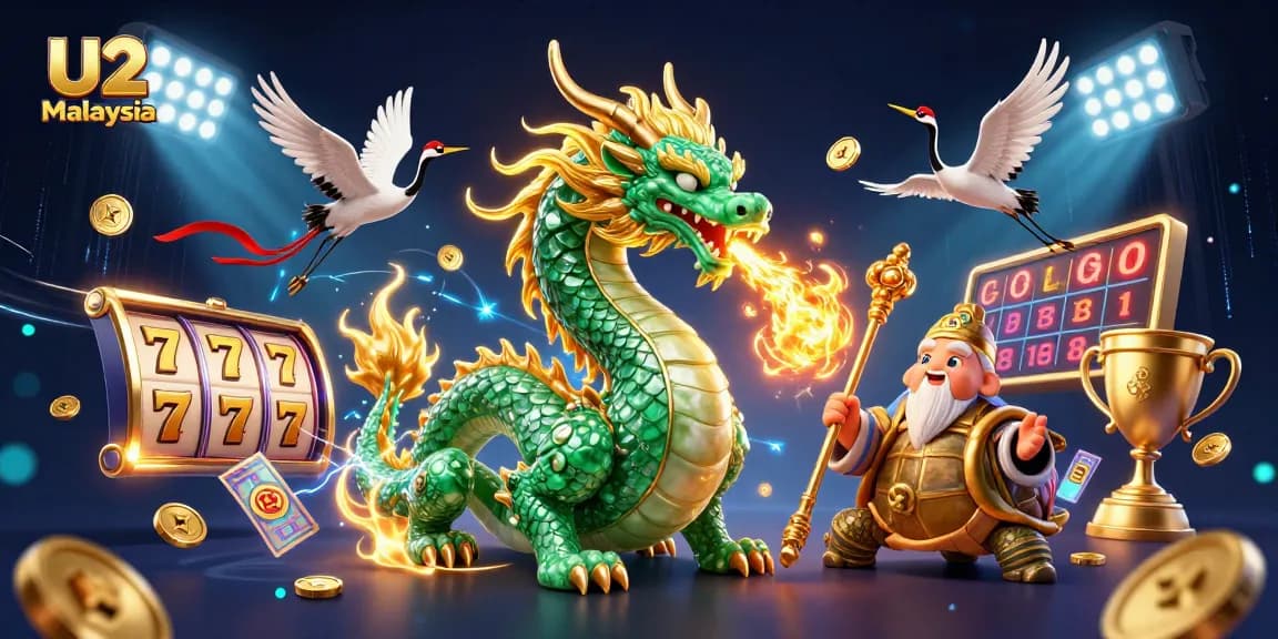 Win big with U2 Malaysia's vibrant slot games featuring a jade dragon, lucky crane, and golden coins.
