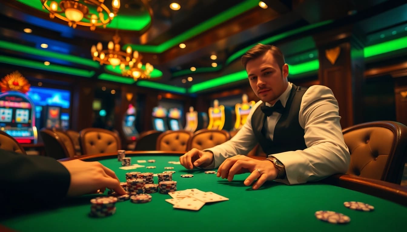 Join the excitement at i9bet with a thrilling poker game in an elegant casino setting.