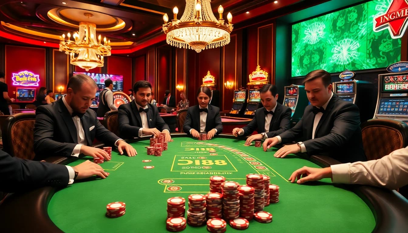 Engaging in thrilling poker action at a DH88-themed casino table with vibrant chips.