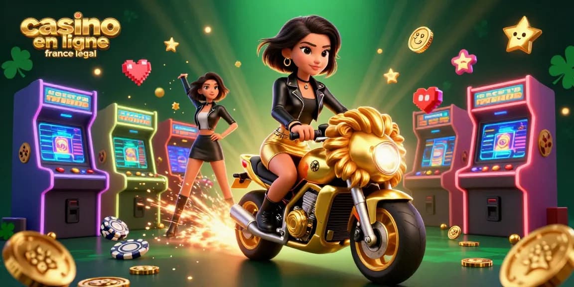 Découvrez un gameplay captivant dans cette illustration vibrante de casino en ligne français légal avec une femme asiatique chevauchant une mascotte de lion doré.