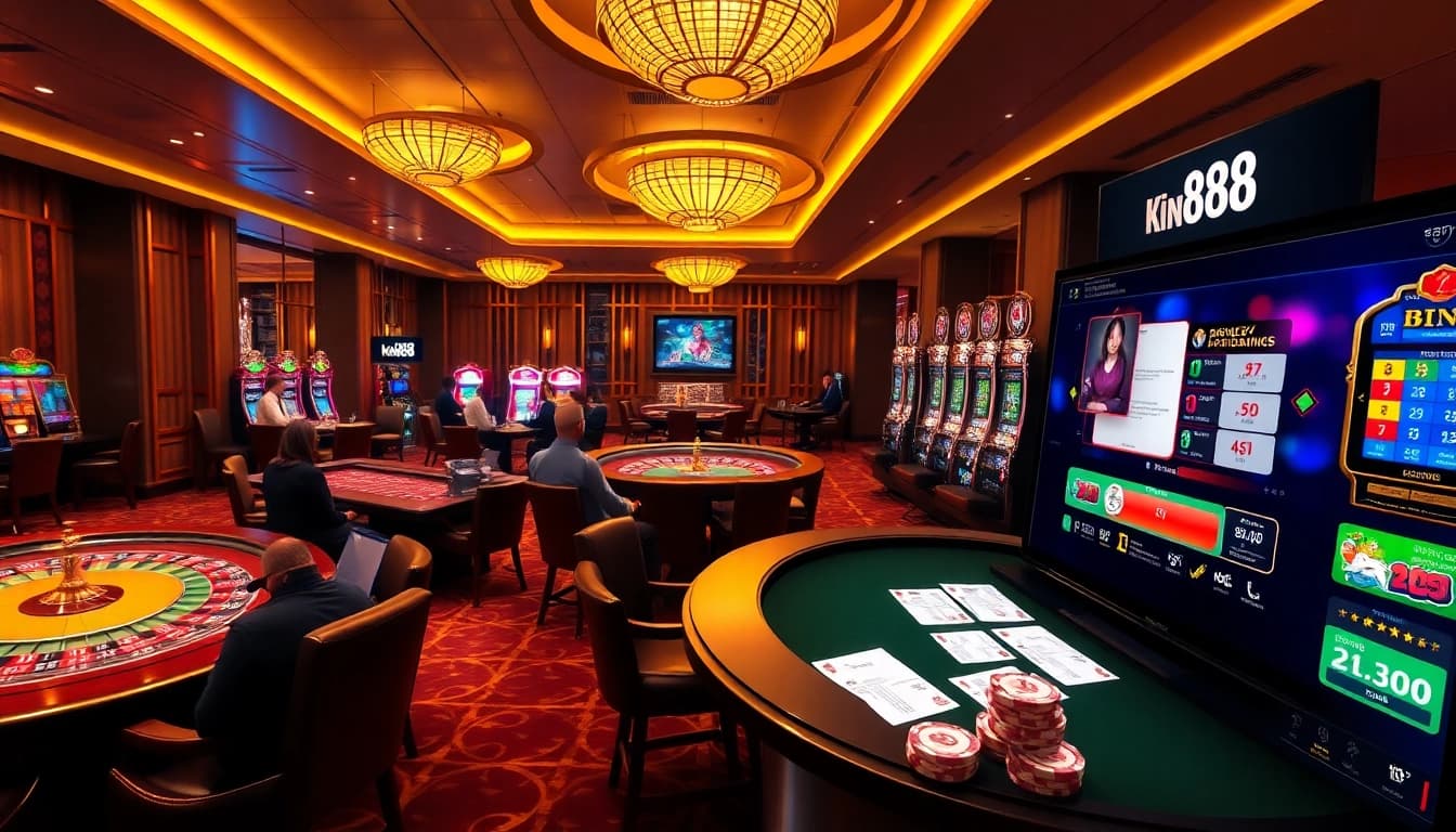 Experience the excitement of King88 with vibrant casino scenes showcasing thrilling games and betting.