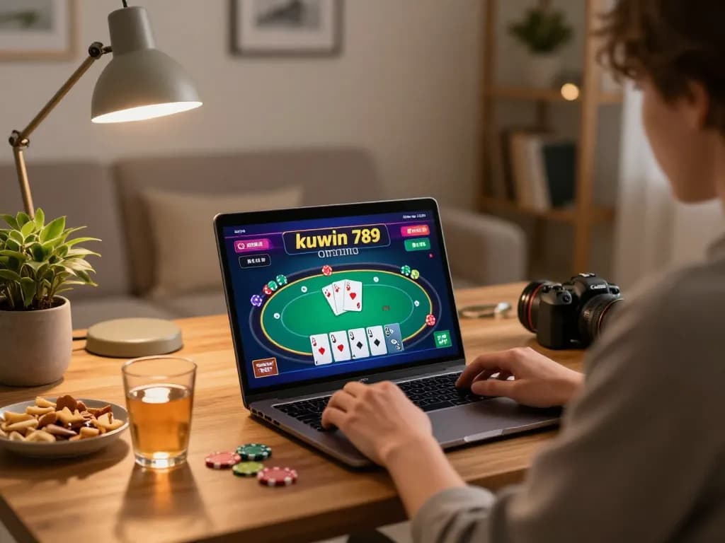 Engaging with kuwin 789 online casino on a laptop, showcasing vibrant poker gameplay in a cozy living room.