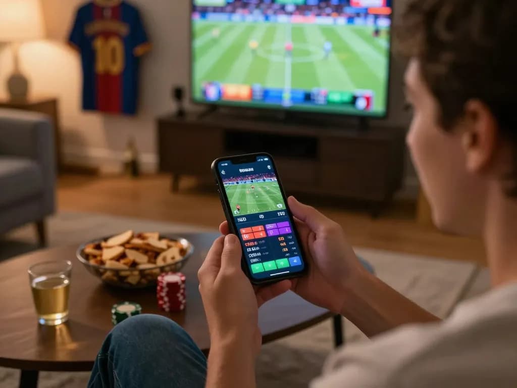 Excited user places bets on kk win.com mobile app while watching live sports, cozy atmosphere.
