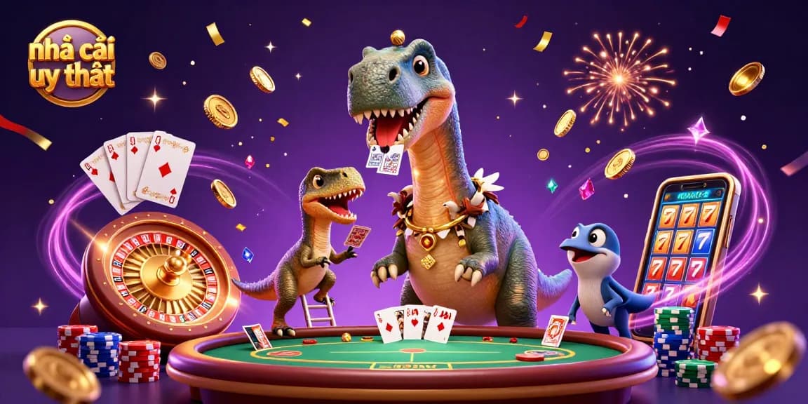 Experience excitement with nhà cái uy tín as the brontosaurus deals cards amidst dazzling casino elements.