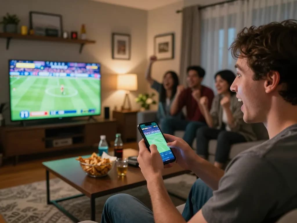 Tỷ lệ kèo nhà cái hôm nay showcased as a person places sports bets on smartphone during a game