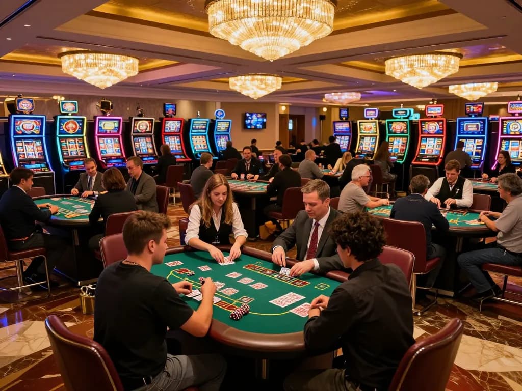 Engaged players at 789win club enjoying a lively game of blackjack in an upscale casino atmosphere.