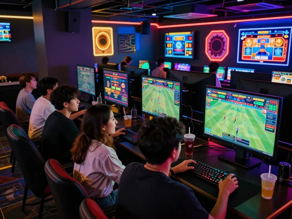 Exciting gaming lounge scene with players enjoying 88aa vip experience, vibrant atmosphere and live sports screens.