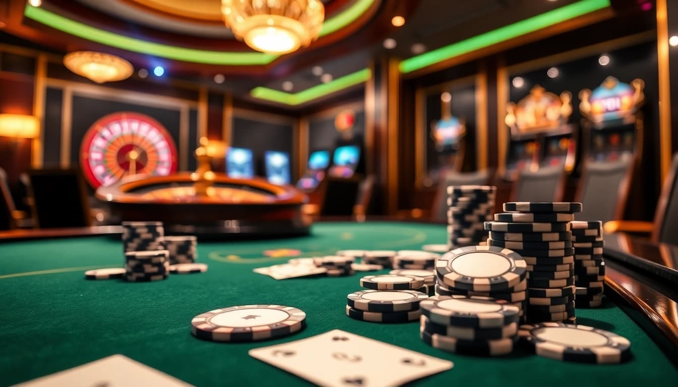 Experience thrilling poker action at 13Win with chips and cards in a luxurious casino setting.